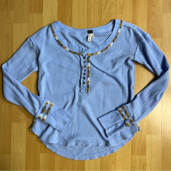 We The Free Tops - We The Free Periwinkle Long Sleeve Thermal with Patterned Trim
